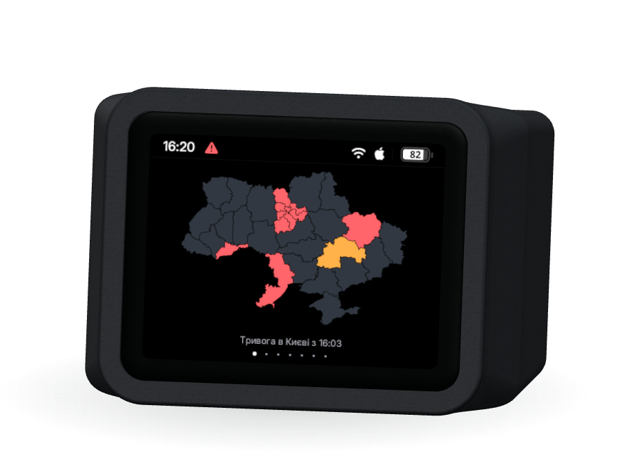 A visualization of a black Clutch device with an air alert map on its display